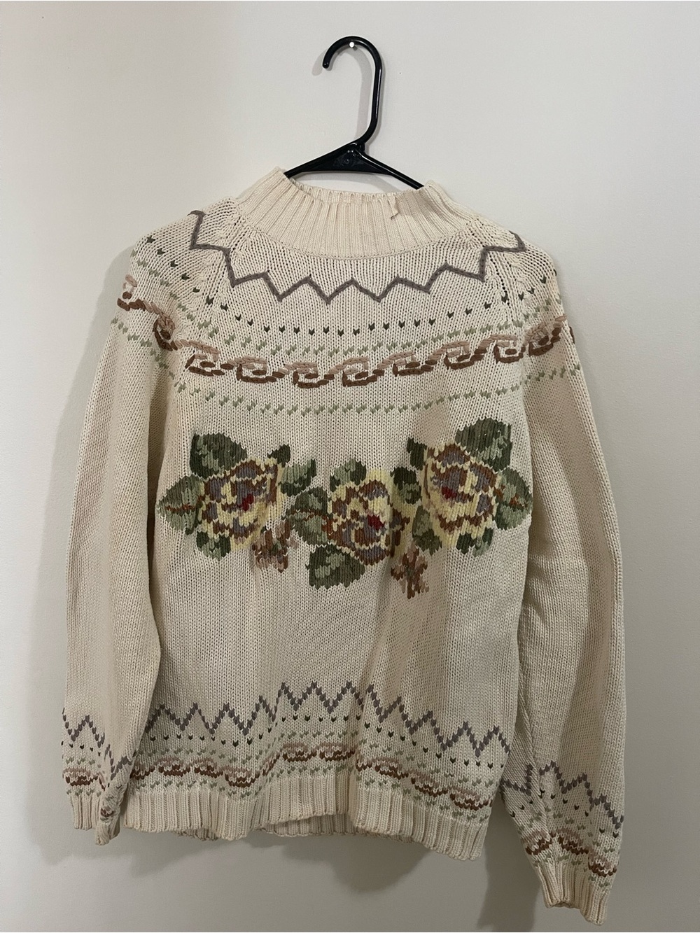 Vintage 1991 Eddie Bauer Floral Fair Isle Knit Sweater Mock Neck Cream Medium